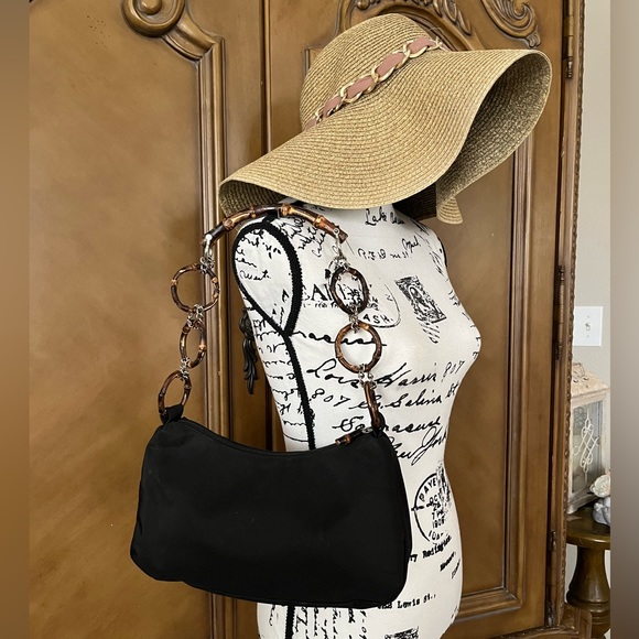 Black bag with bamboo ring handle shoulder bag - Picture 1 of 8